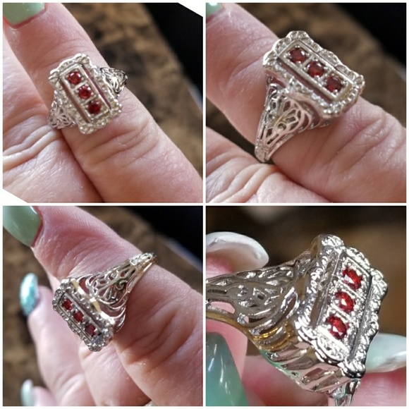 Genuine 1ct Red Fire Garnets Art Deco Ring - Picture 3 of 5